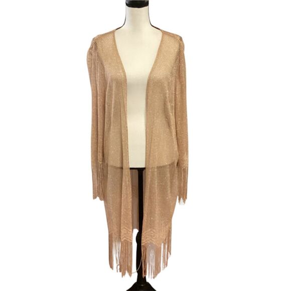 S.L. Fashions Women's Gold Metallic Crochet Fringe Hem Cover-up Kimono Large - Picture 3 of 7